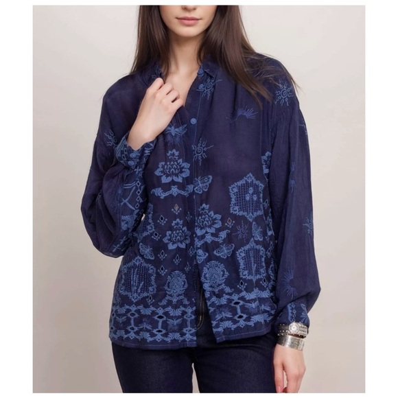 Johnny Was button down blue blouse in In Firefly Glow Navy NEW - Picture 1 of 10